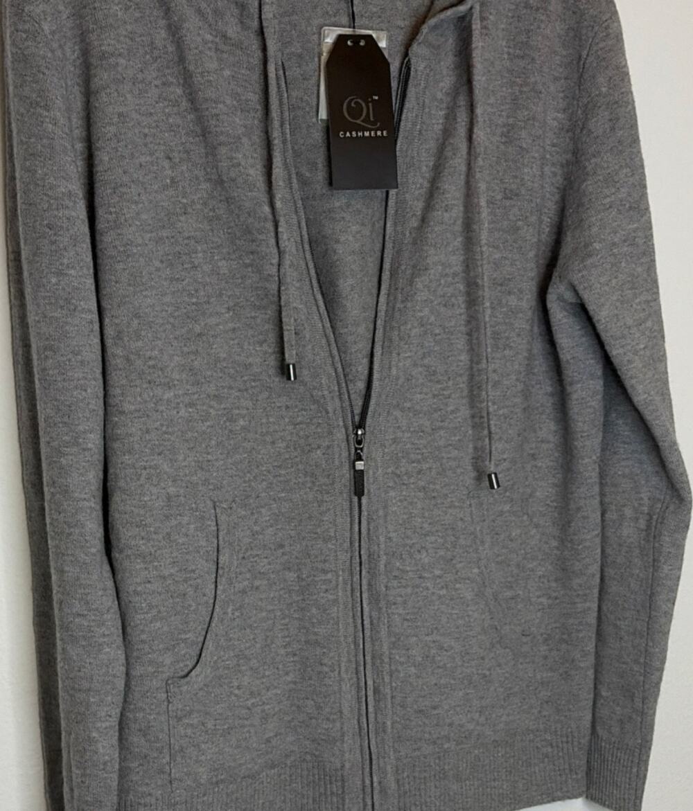 Qi Cashmere Gray Full Zip Knit Hoodie Sweatshirt Women's Size L